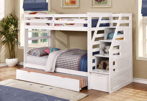 77.75" X 43.5" X 62.5" White Manufactured Wood and  Solid Wood Twin or Twin Staircase Bunk Bed with Trundle & Storage Steps