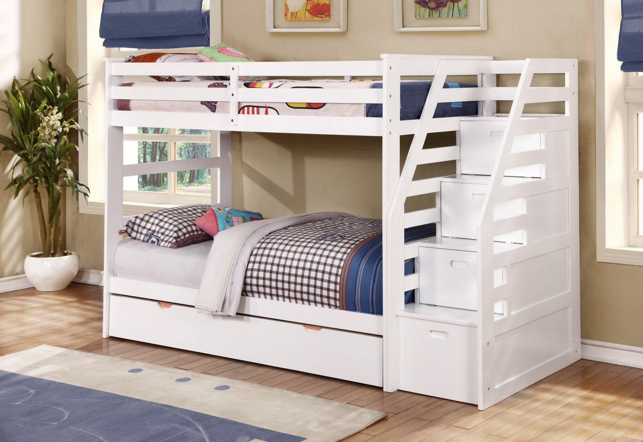 77.75" X 43.5" X 62.5" White Manufactured Wood and  Solid Wood Twin or Twin Staircase Bunk Bed with Trundle & Storage Steps