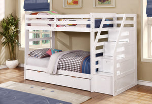 77.75" X 43.5" X 62.5" White Manufactured Wood and  Solid Wood Twin or Twin Staircase Bunk Bed with Trundle & Storage Steps