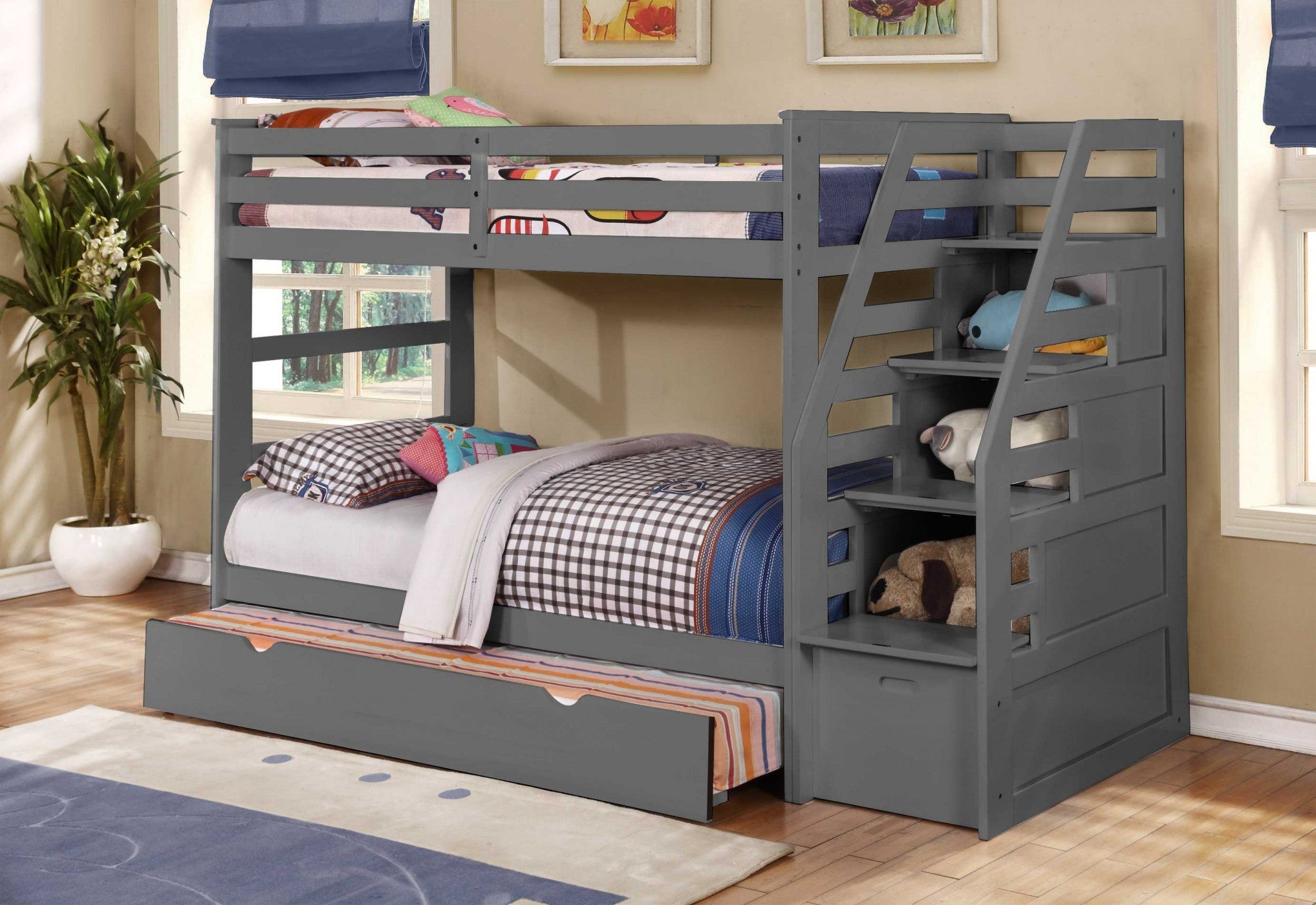 77.75" X 43.5" X 62.5" Grey Manufactured Wood and  Solid Wood Twin or Twin Staircase Bunk Bed with Trundle & Storage Steps