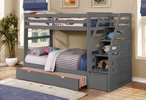 77.75" X 43.5" X 62.5" Grey Manufactured Wood and  Solid Wood Twin or Twin Staircase Bunk Bed with Trundle & Storage Steps
