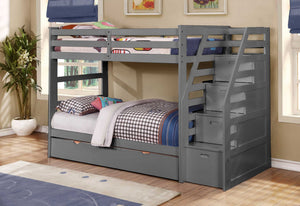 77.75" X 43.5" X 62.5" Grey Manufactured Wood and  Solid Wood Twin or Twin Staircase Bunk Bed with Trundle & Storage Steps