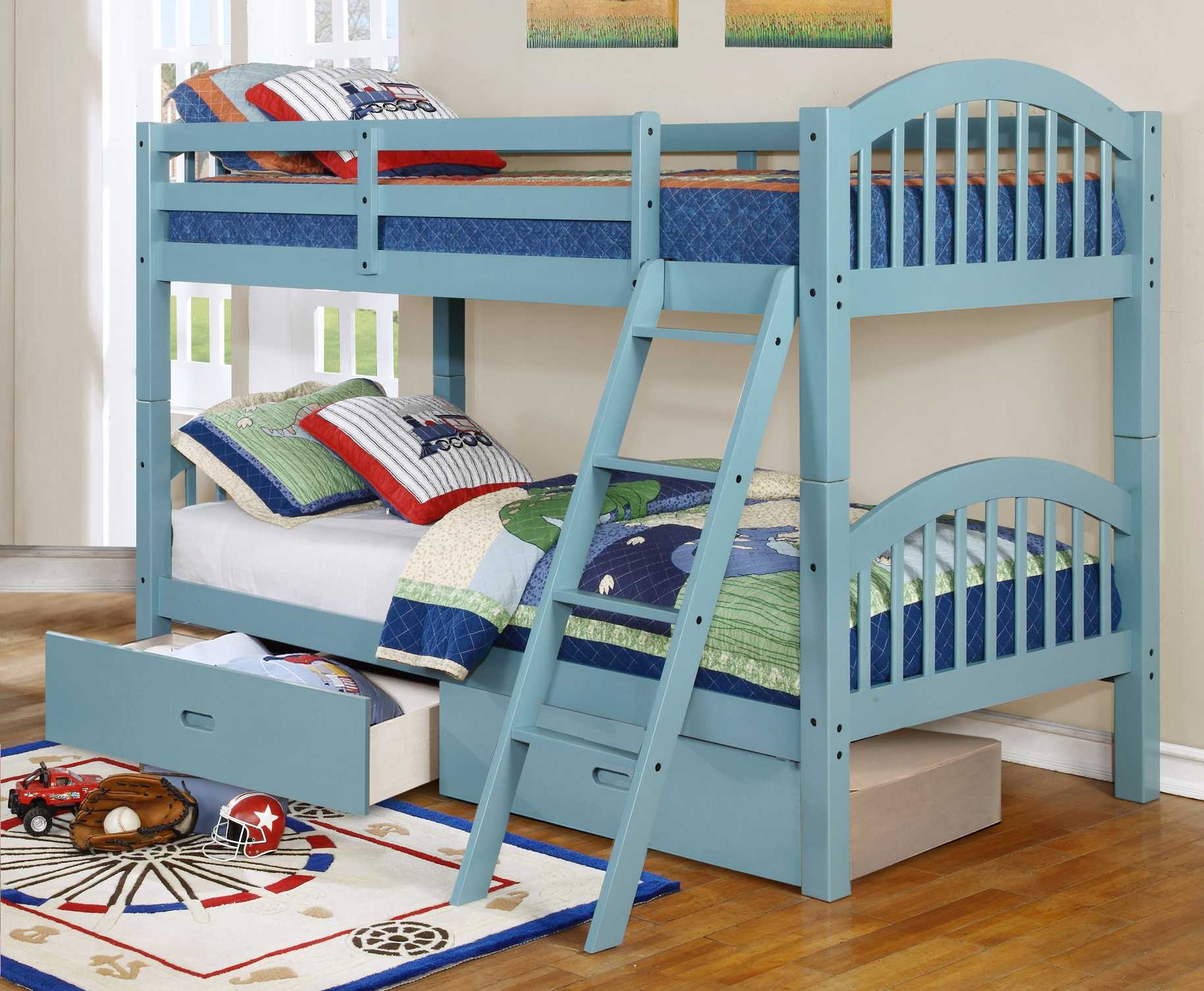 81.25" X 42.5" X 62.5" Blue Solid and Manufactured Wood Twin or Twin  Arched Wood Bunk Bed with 2 Drawers