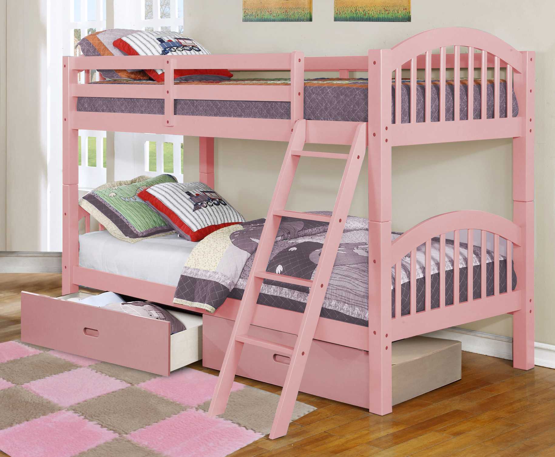 81.25" X 42.5" X 62.5" Pink Solid and Manufactured Wood Twin or Twin  Arched Wood Bunk Bed with 2 Drawers