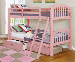 81.25" X 42.5" X 62.5" Pink Solid and Manufactured Wood Twin or Twin  Arched Wood Bunk Bed with 2 Drawers