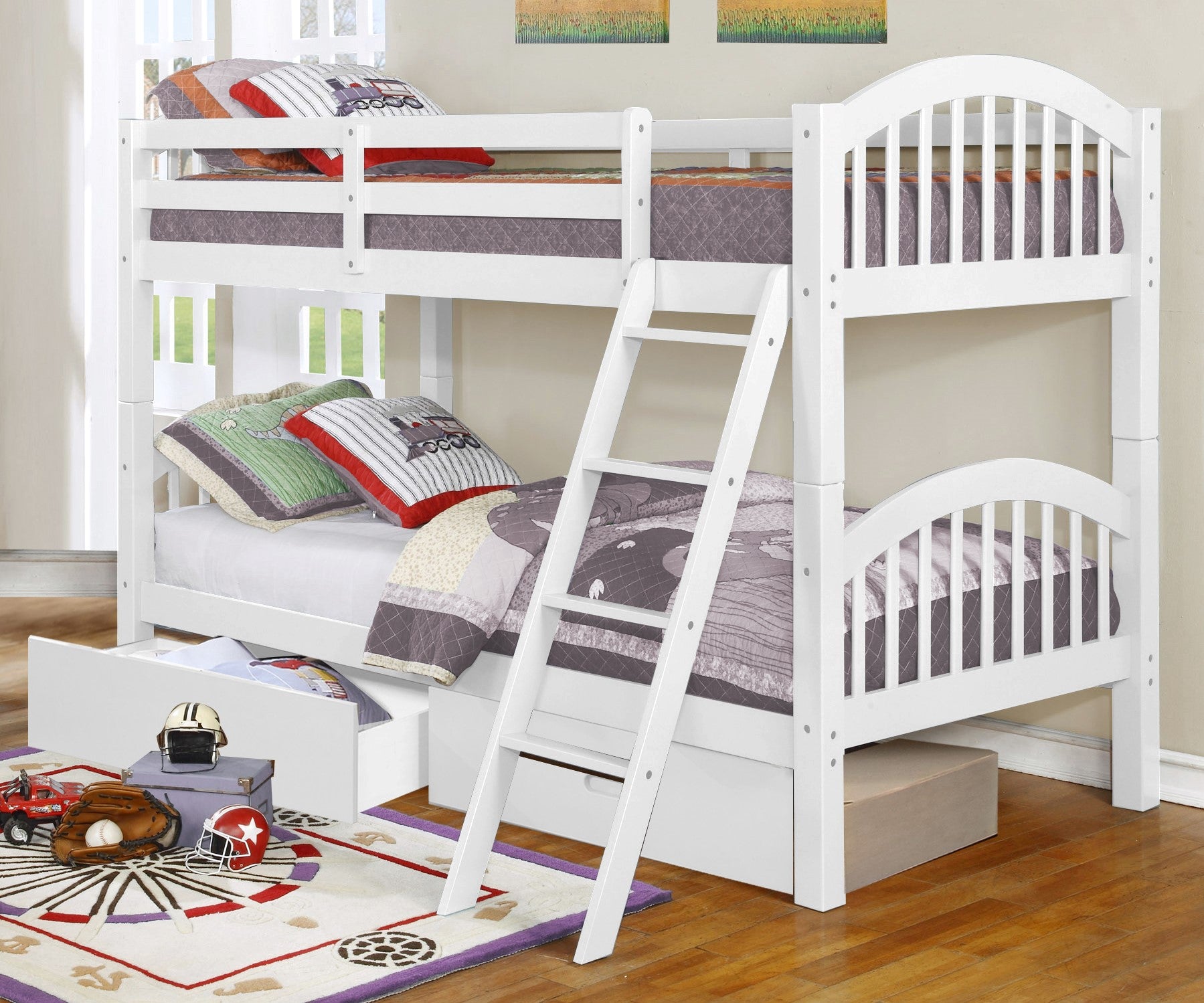 81.25" X 42.5" X 62.5" White Solid and Manufactured Wood Twin or Twin  Arched Wood Bunk Bed with 2 Drawers