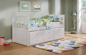 80" X 42" X 37" White Solid and Manufactured Wood Twin Captain Bed with Twin Trundle & 3 Drawers