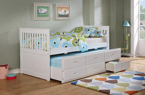 80" X 42" X 37" White Solid and Manufactured Wood Twin Captain Bed with Twin Trundle & 3 Drawers