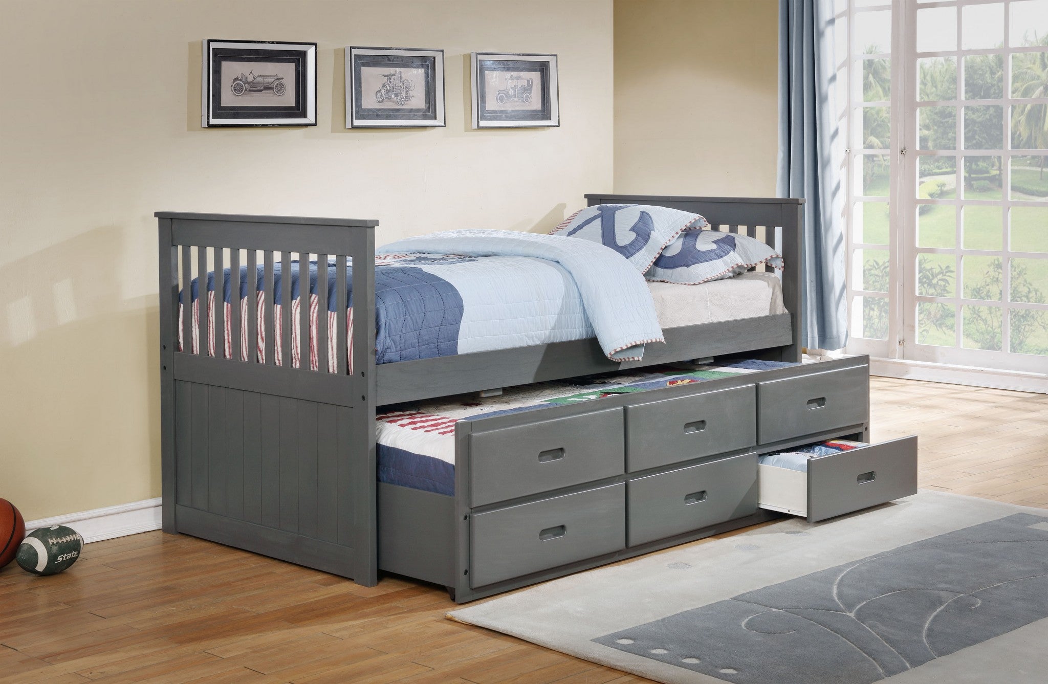 80" X 42" X 37" Grey Solid and Manufactured Wood Twin Captain Bed with Twin Trundle & 3 Drawers