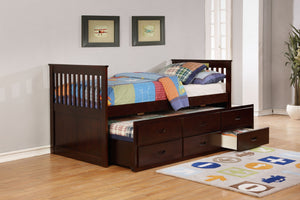 80" X 42" X 37" Brown Solid and Manufactured Wood Twin Captain Bed with Twin Trundle & 3 Drawers