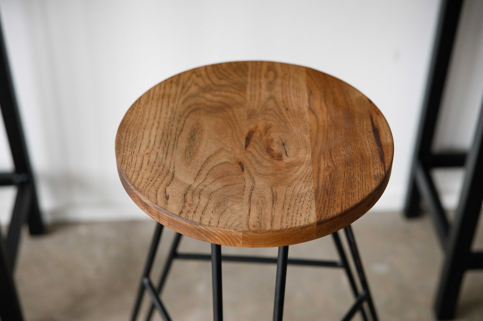 24" Round Natural Brown Ash Wood And Steel Bar Stool