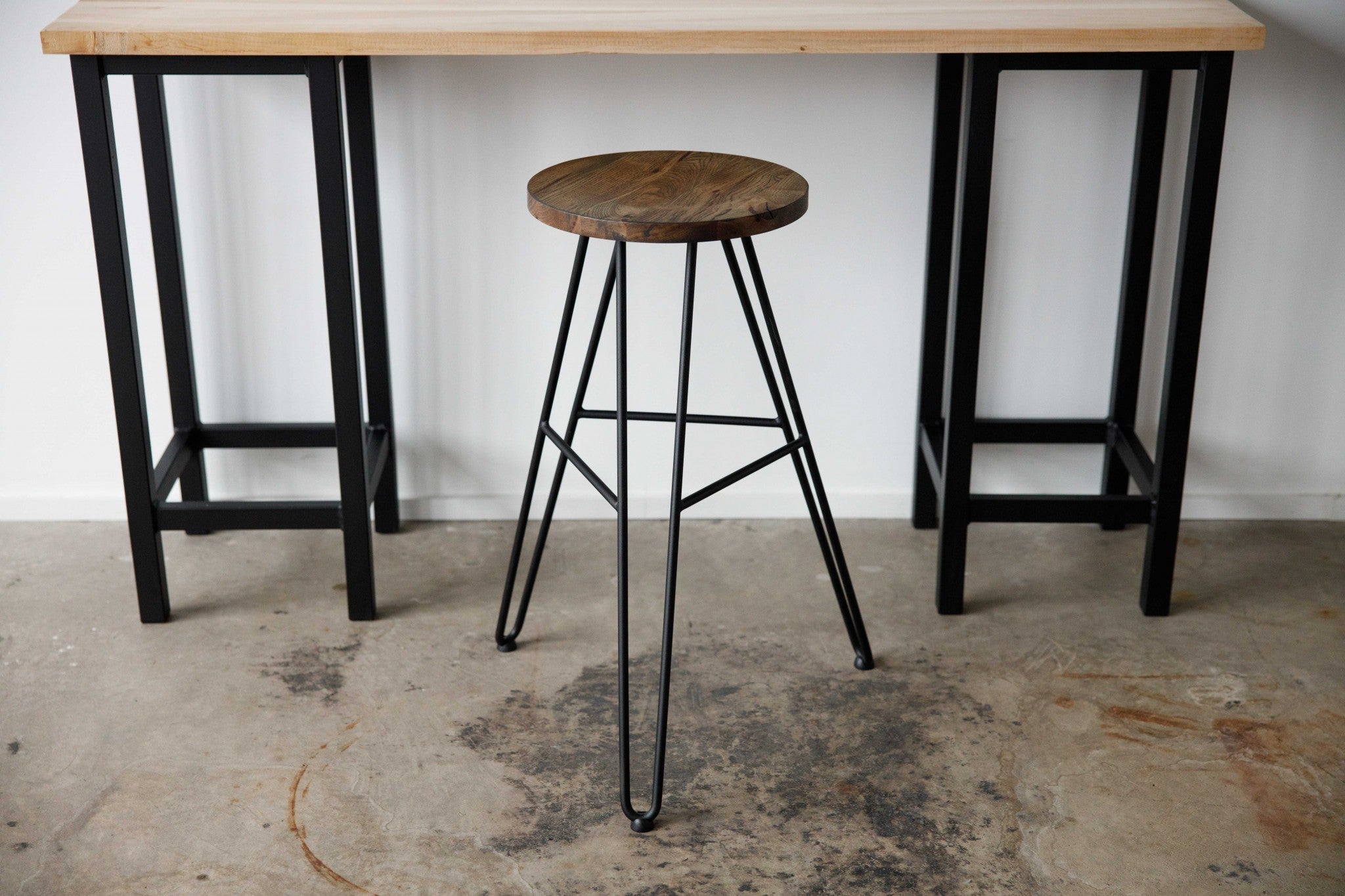 30" Round Charcoal Brown Ash Wood And Steel Bar Stool