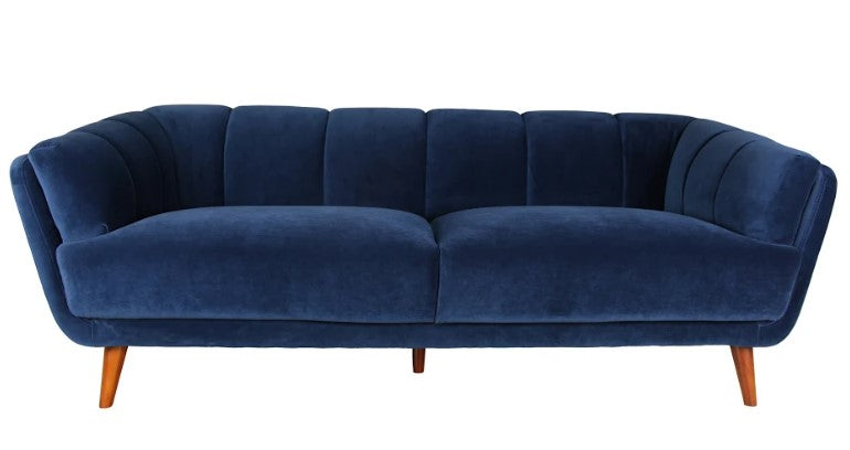 Midnight Blue Velvet Finish Sofa with Solid Wood Dark Walnut Fluted Legs