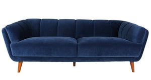 Midnight Blue Velvet Finish Sofa with Solid Wood Dark Walnut Fluted Legs