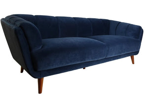 Midnight Blue Velvet Finish Sofa with Solid Wood Dark Walnut Fluted Legs