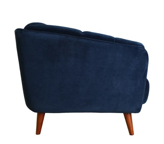 Midnight Blue Velvet Finish Sofa with Solid Wood Dark Walnut Fluted Legs