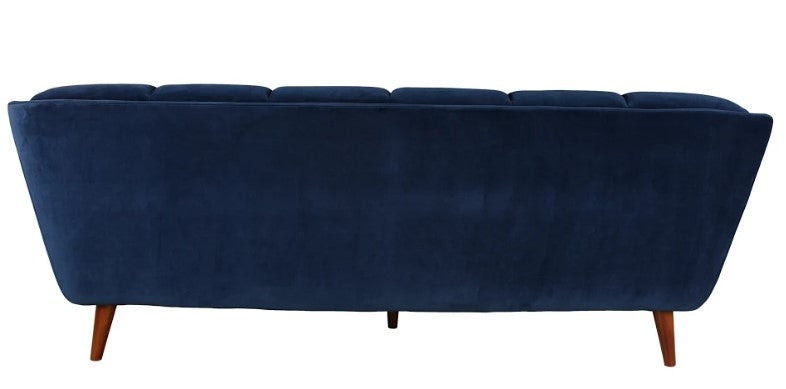 Midnight Blue Velvet Finish Sofa with Solid Wood Dark Walnut Fluted Legs