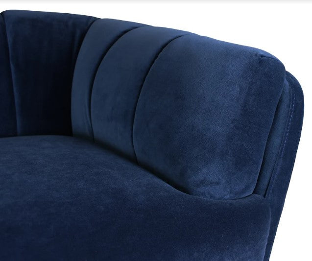 Midnight Blue Velvet Finish Sofa with Solid Wood Dark Walnut Fluted Legs