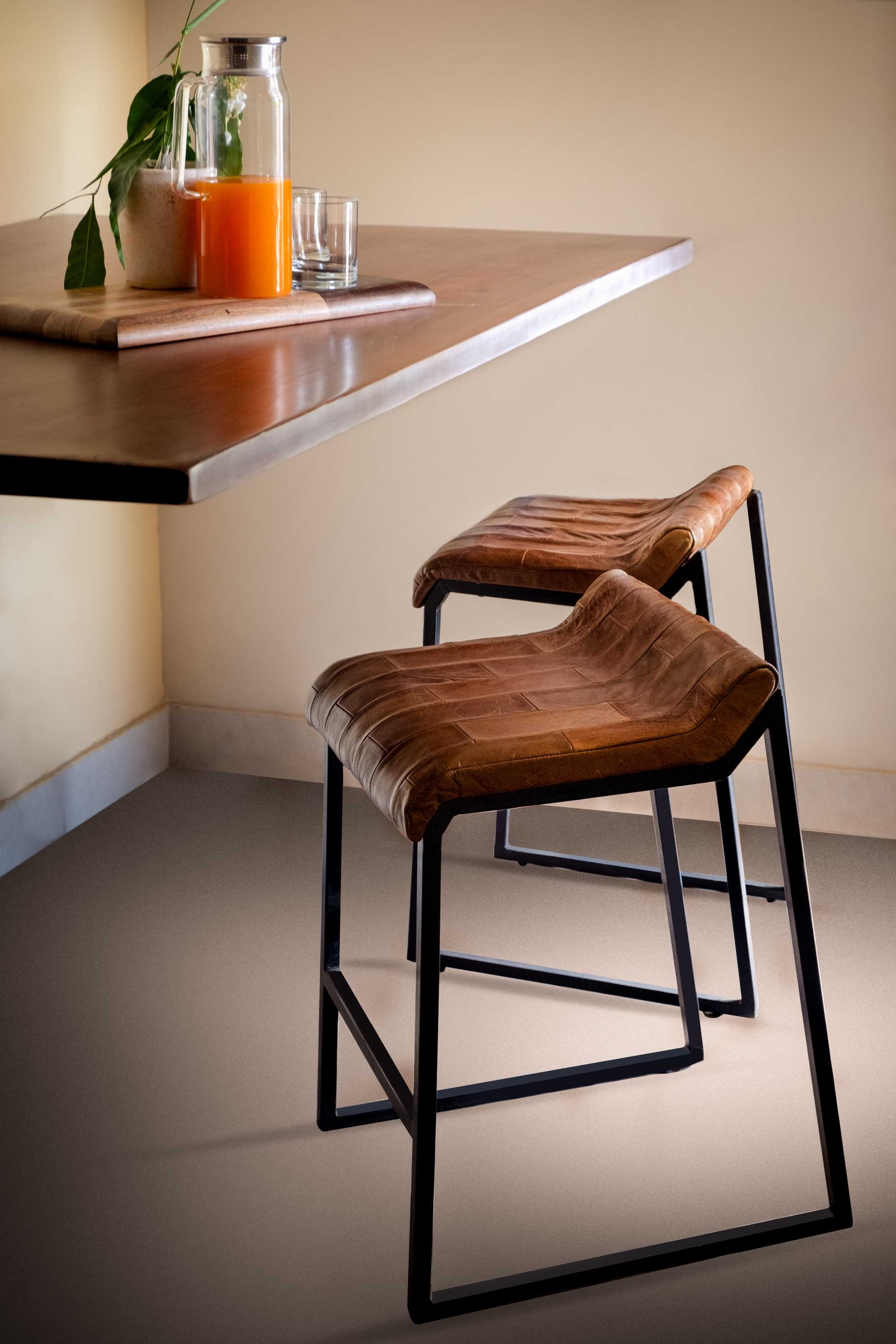 17" X 20.5" X 27" Brown And Black Iron Leather Counter Stool