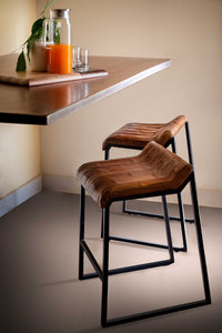 17" X 20.5" X 27" Brown And Black Iron Leather Counter Stool
