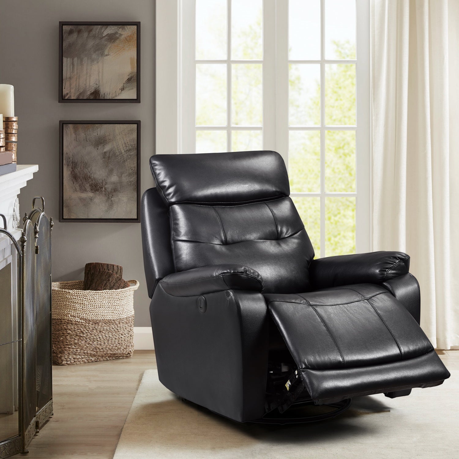 33.46" X 38.18" X 39.8" Black Leather PVC Glider & Swivel Power Recliner with USB port
