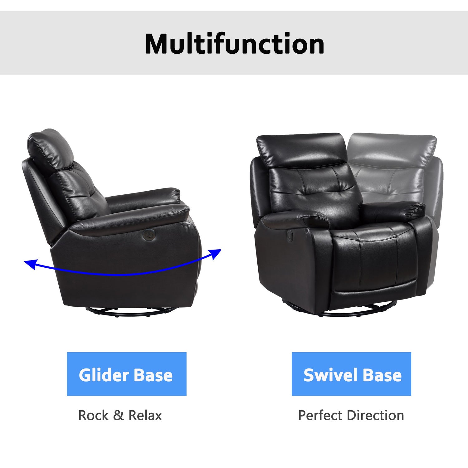 33.46" X 38.18" X 39.8" Black Leather PVC Glider & Swivel Power Recliner with USB port