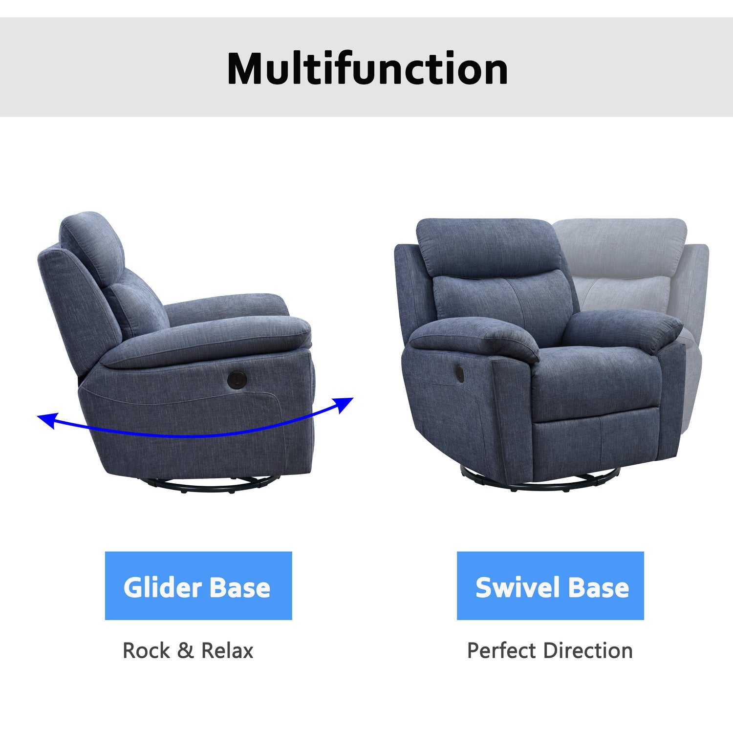 35.43" X 39.37" X 39.8" Blue Fabric Glider & Swivel Power Recliner with USB port