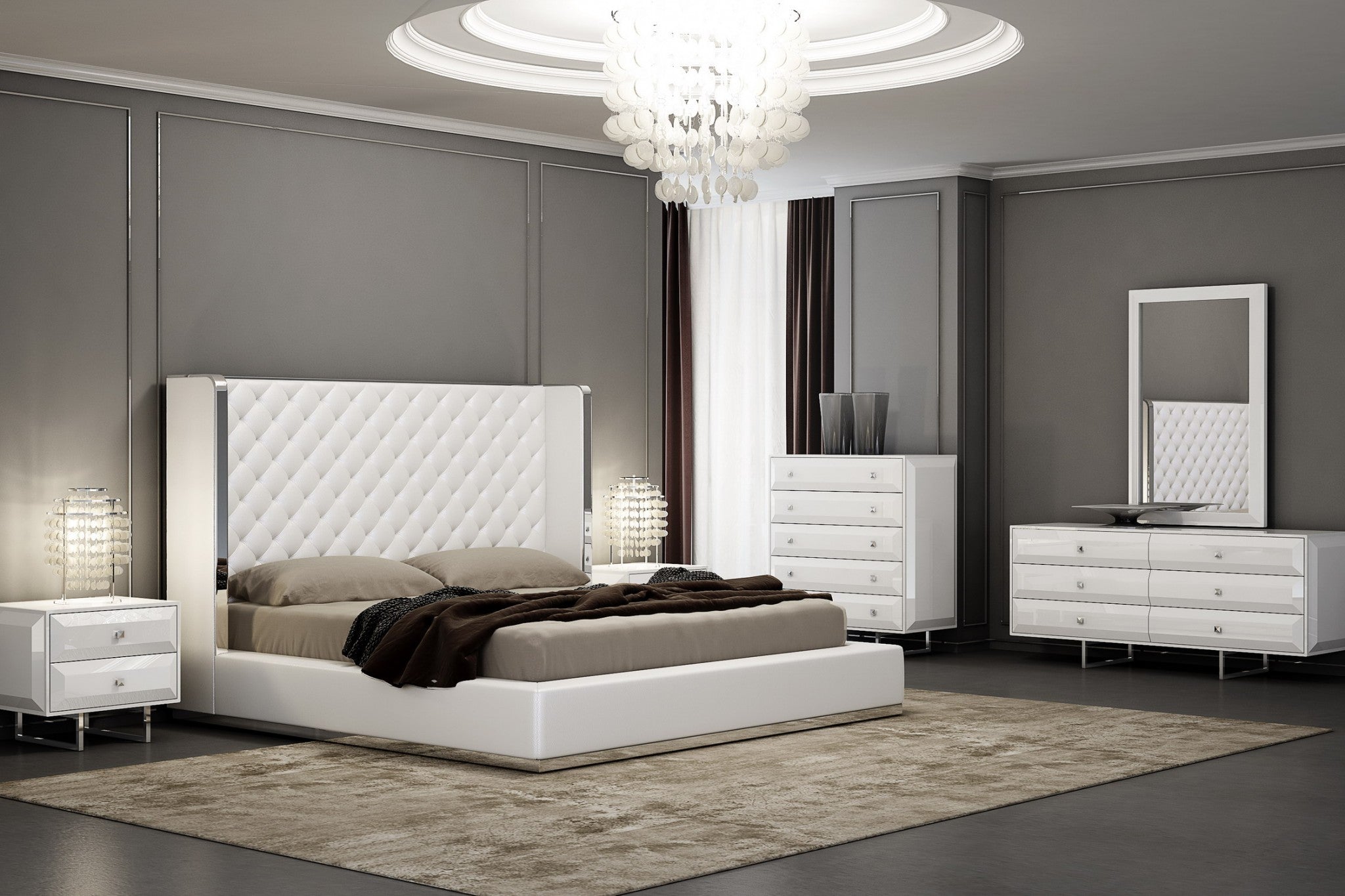 60" X 91" X 91" White Faux Leather Bed King