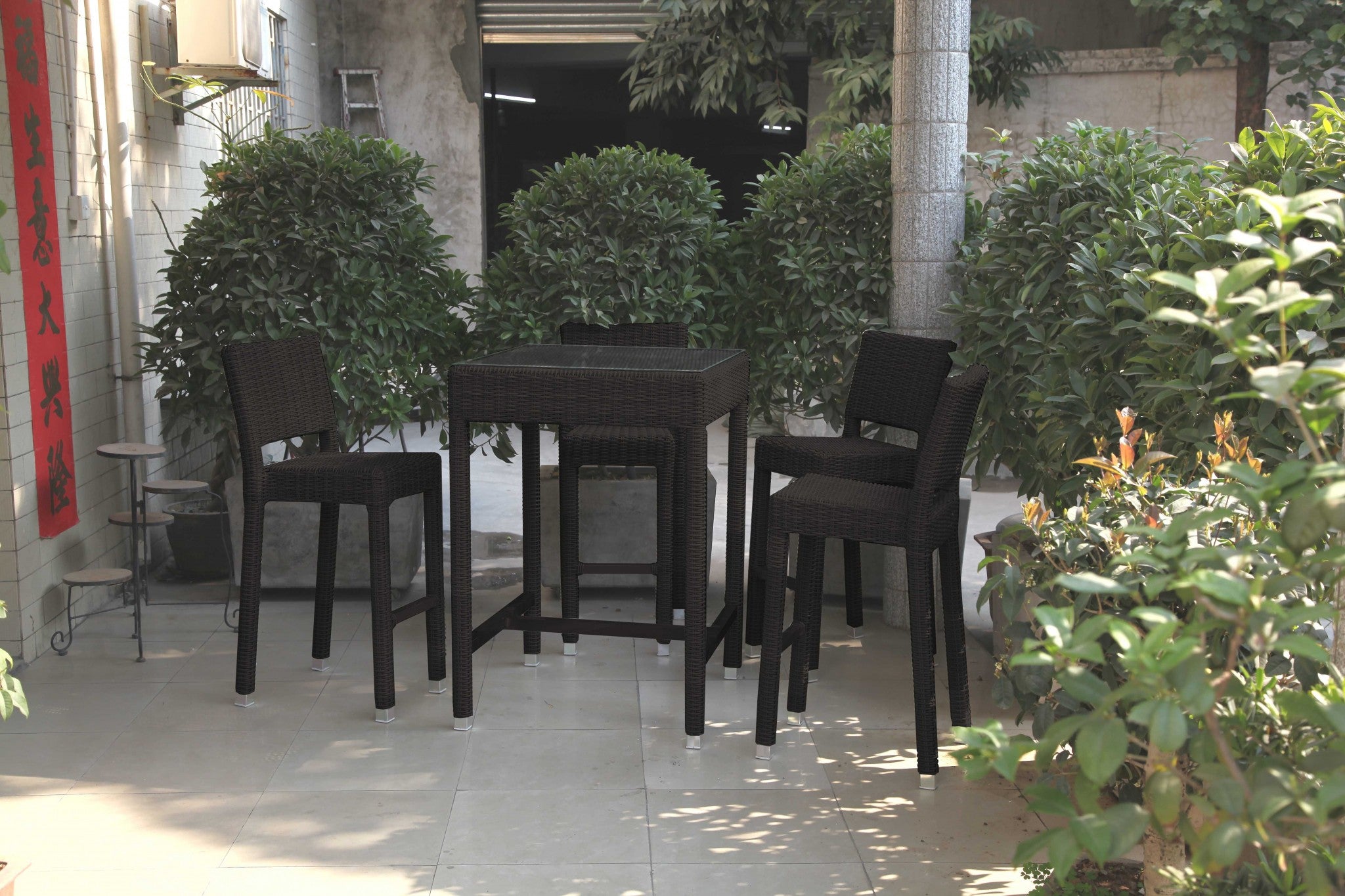 42.5" X 29" X 29" Black Aluminum and Wicker Bar Table Set of 5