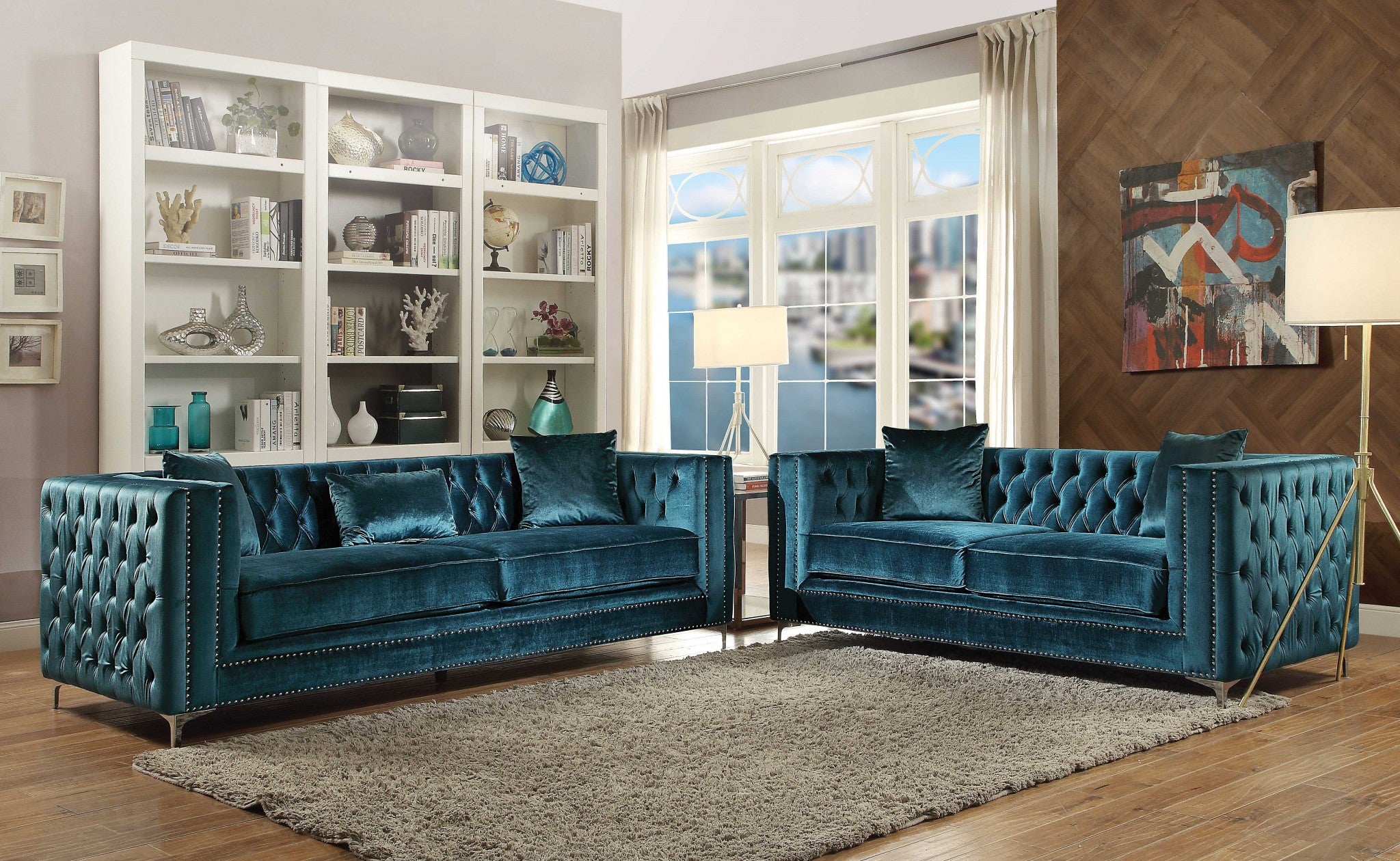 90" X 37" X 30" Dark Teal Wood Sofa W/3 Pillows