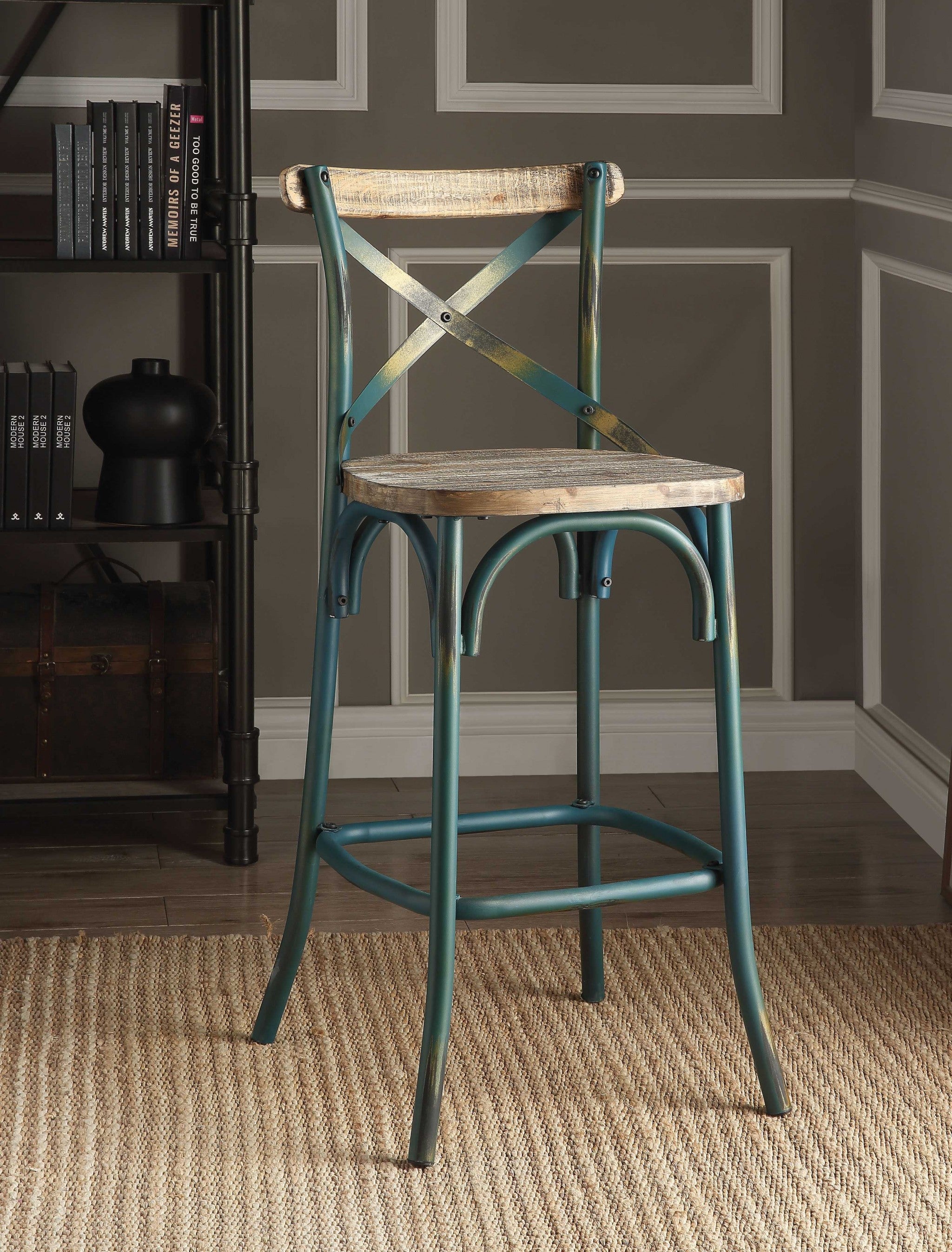 18" X 20" X 43" Antique Turquoise & Antique Oak Wood Bar Chair (1Pc)