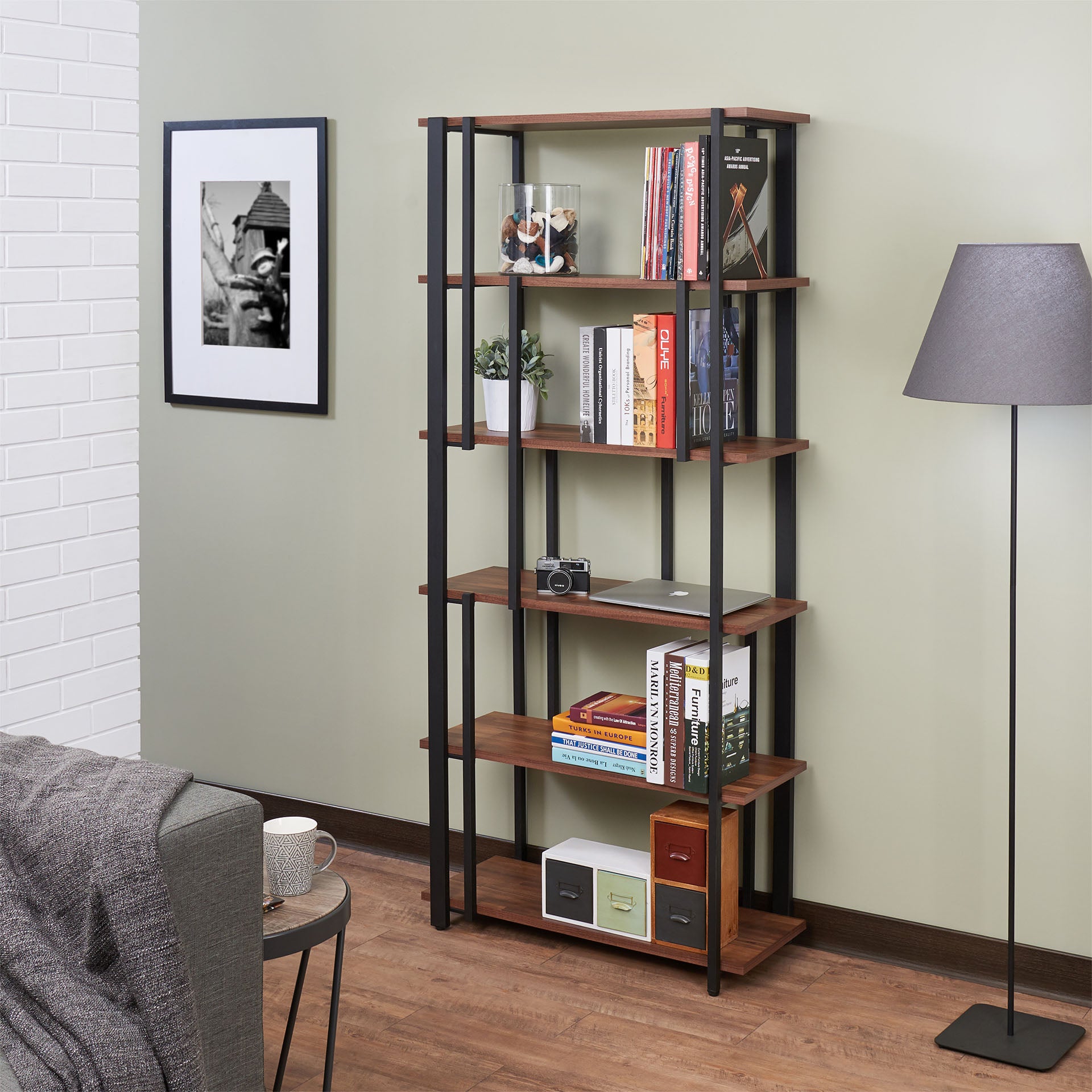 32" X 13" X 70" Walnut & Sandy Black Wood Bookshelf