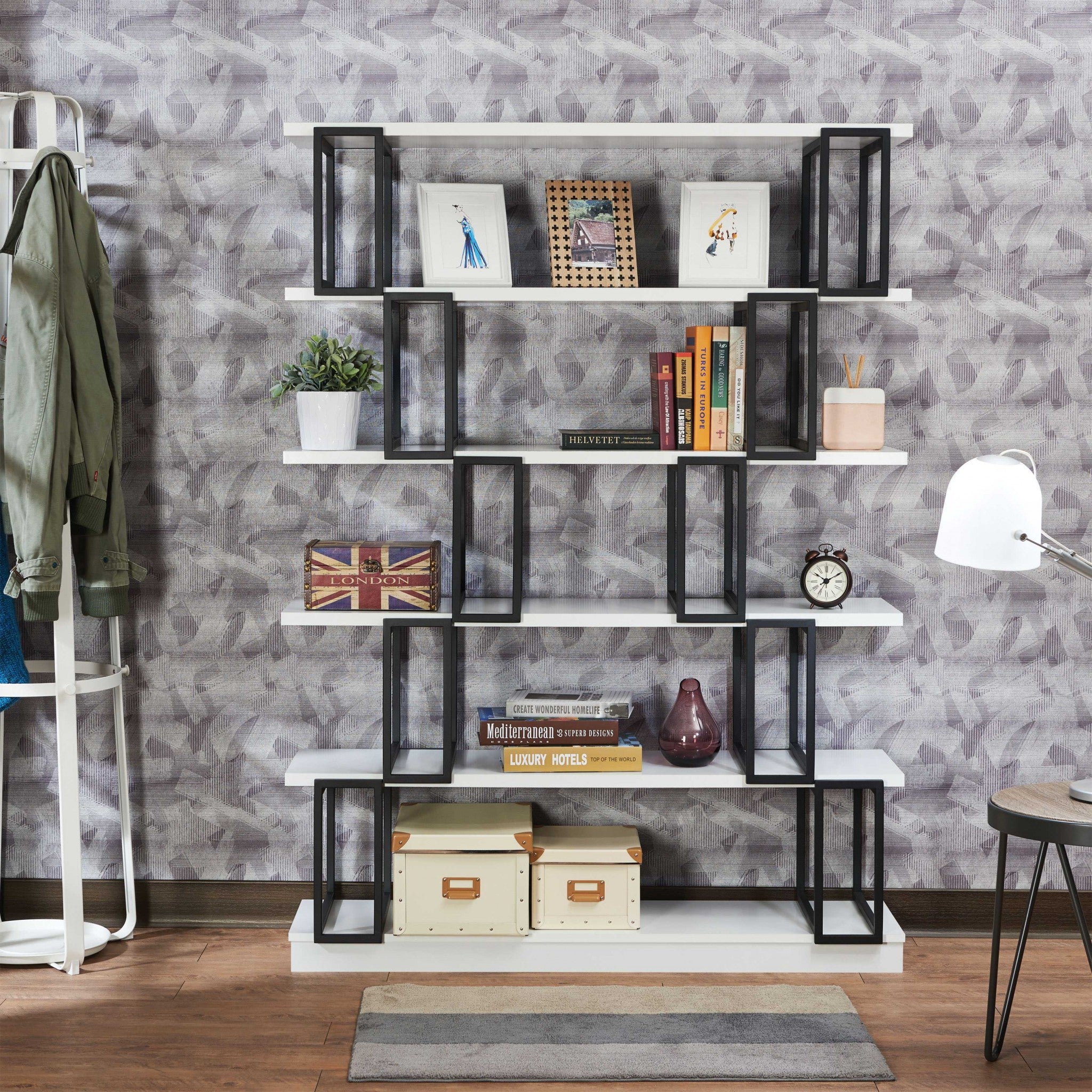 47" X 13" X 65" White & Black Wood Bookshelf