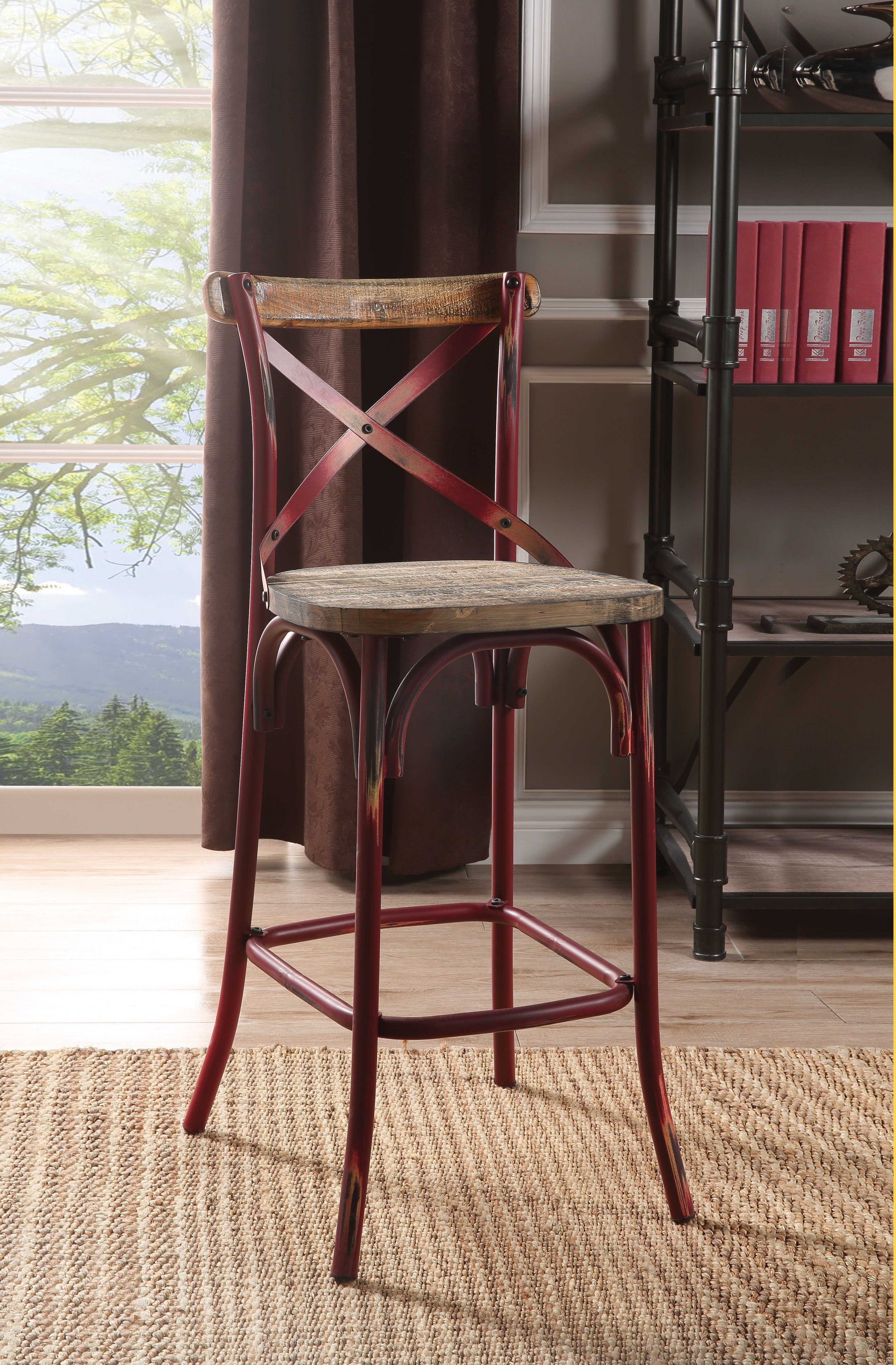 18" X 20" X 43" Antique Red Wood Bar Chair (1Pc)