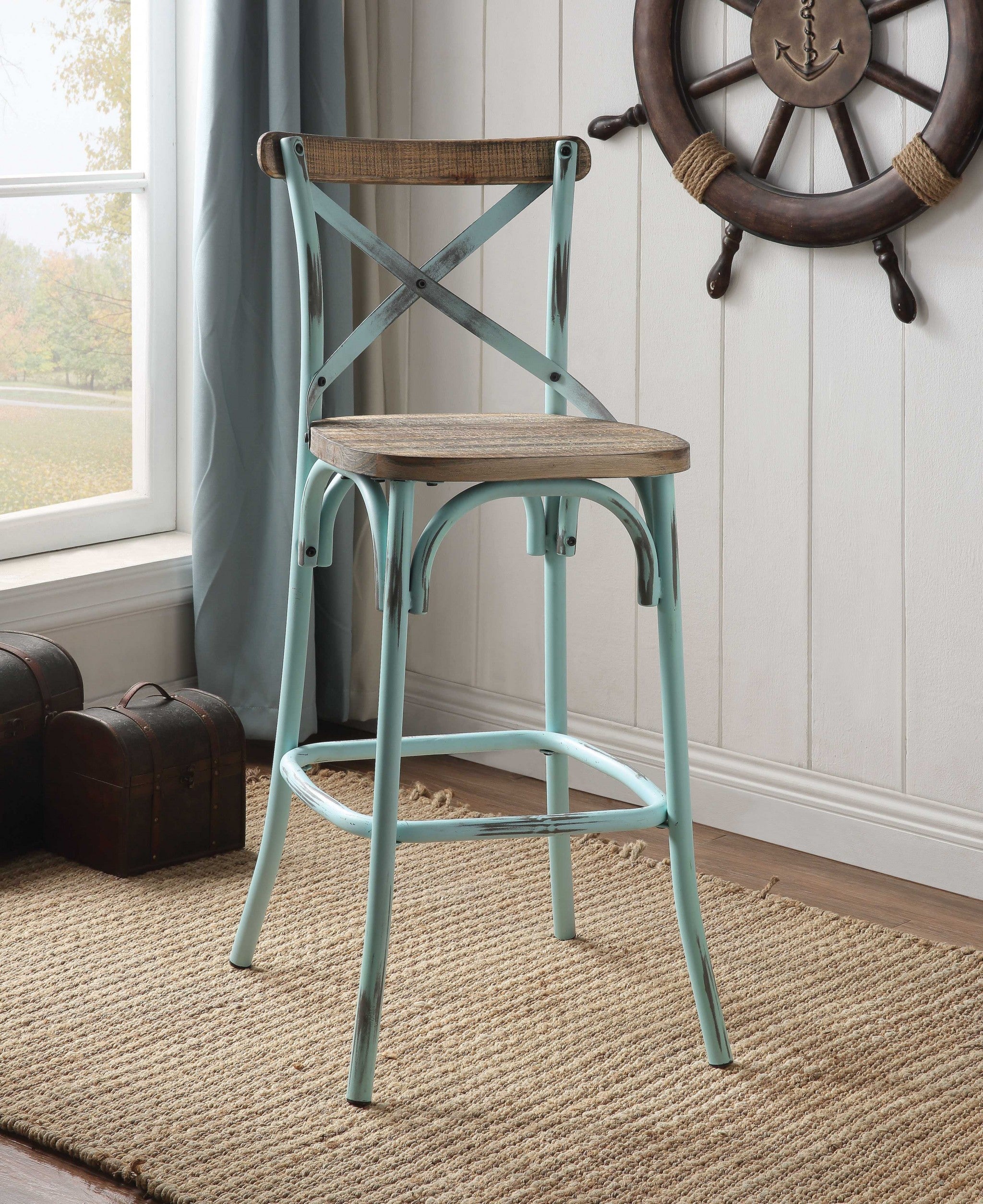 18" X 20" X 43" Antique Sky & Antique Oak Wood Bar Chair (1Pc)