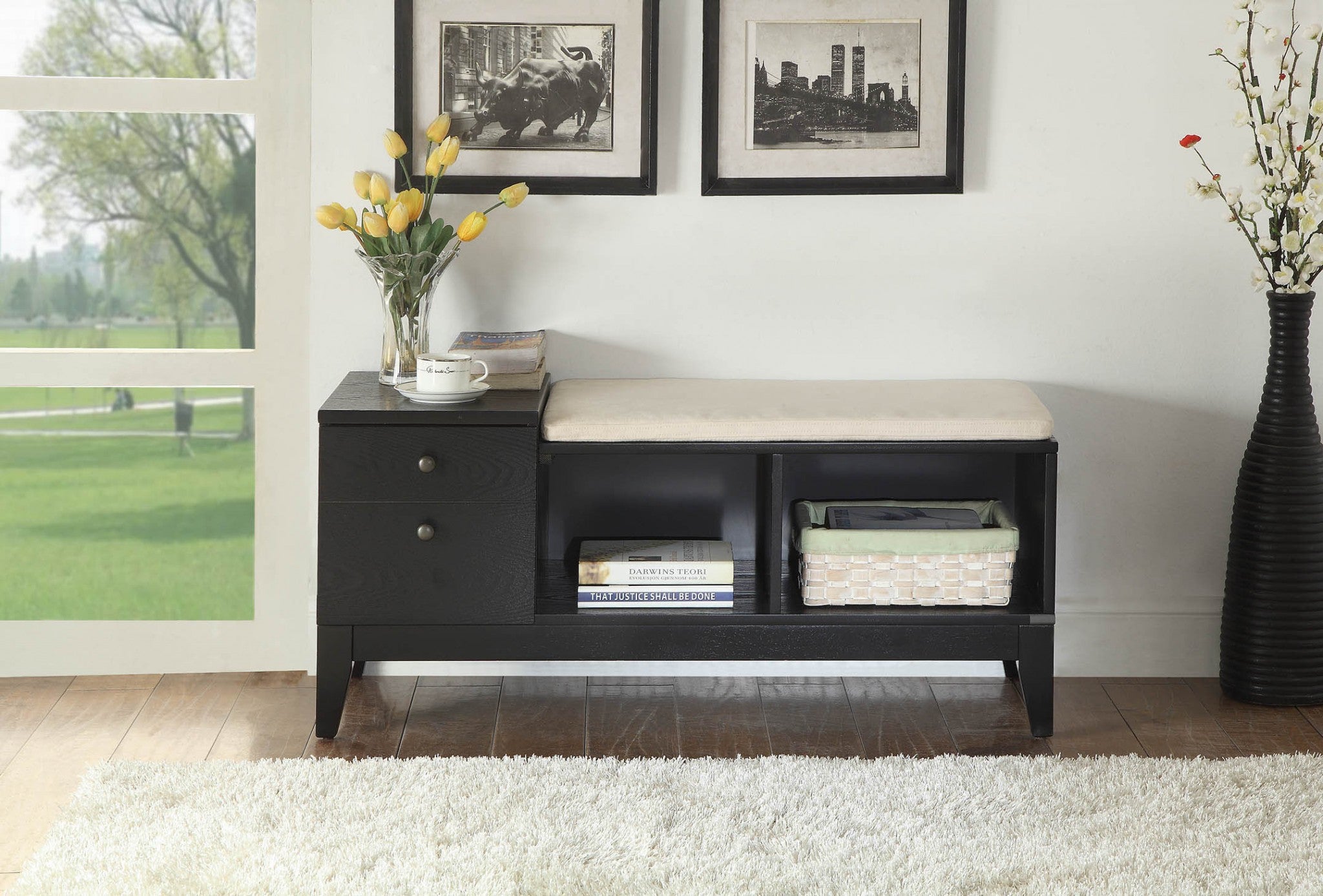 40" X 16" X 18" Black Fabric Bench W/Storage