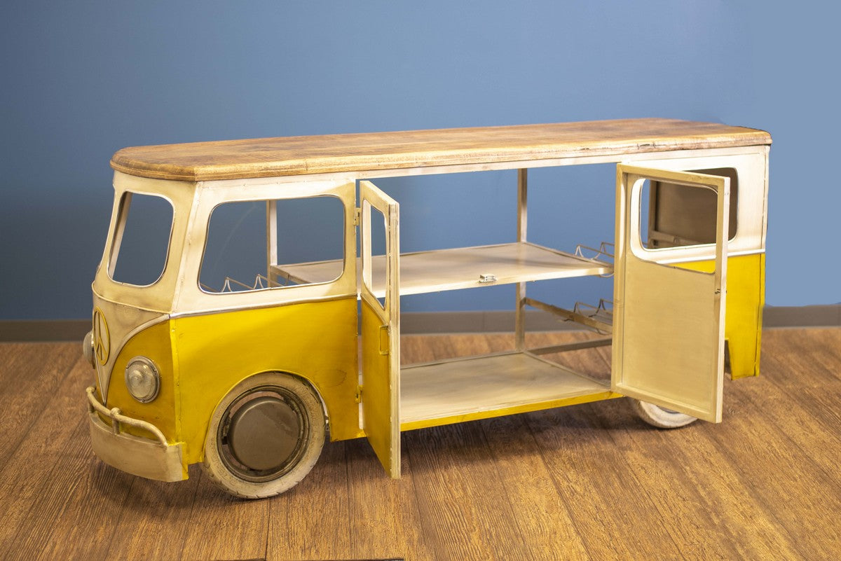 24" X 38" X 38" Yellow and White Peace Bus Wine Bar