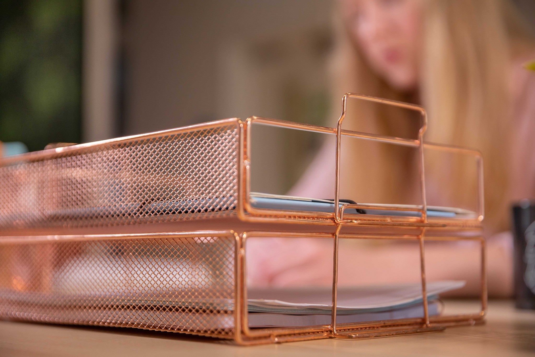 Stylish Rose Gold Stackable 2 Tier Paper Tray Desk Organizer for Women