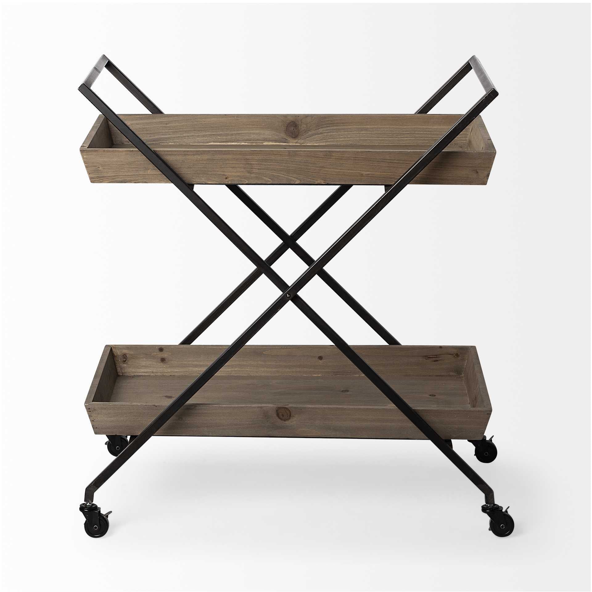 Cyclider Matte Black Metal With Three Eliptical Wood Shelves And Metal Doors Bar Cart