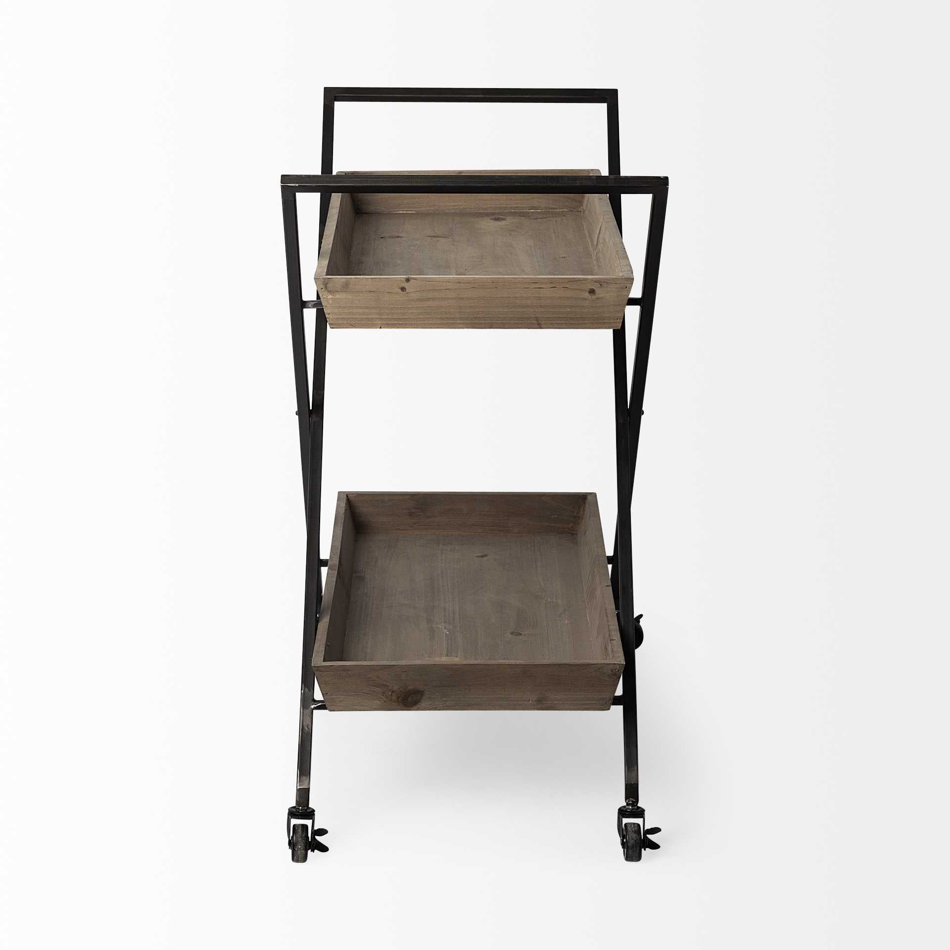 Rectangular Light Brown Wood With X Shape Metal Frame Bar Cart