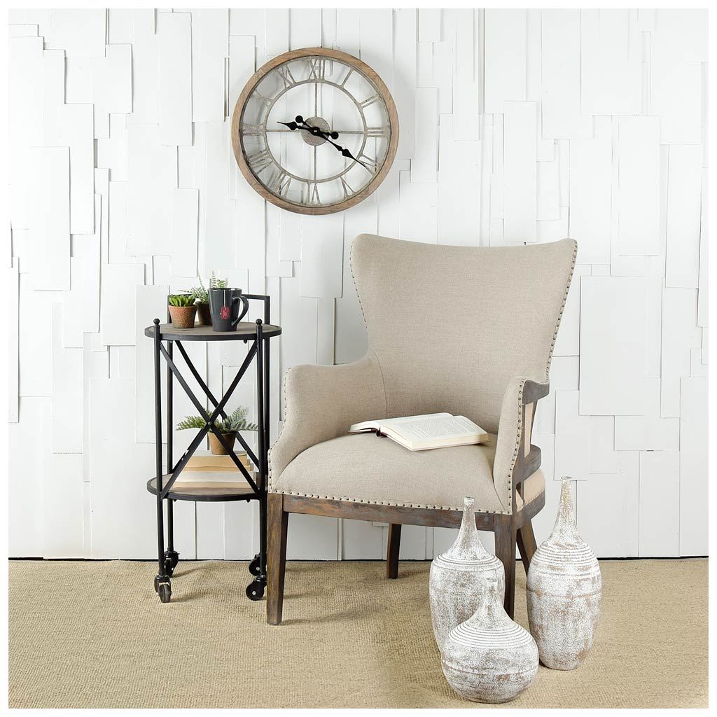 17" Black Metal With Two Brown Wooden Shelves Bar Cart