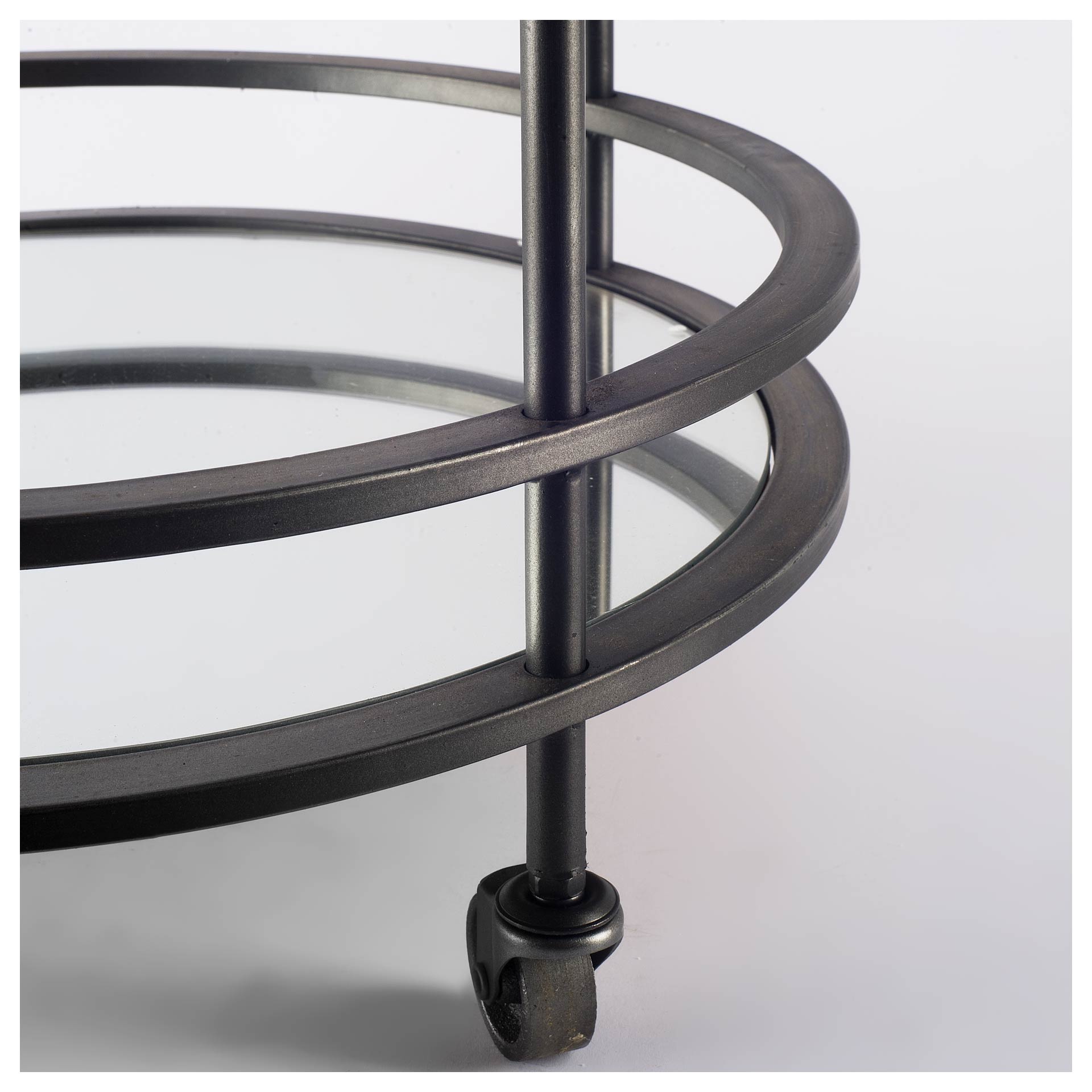 18" Pewter Metal With Two Mirror Glass Botton Shelves Bar Cart