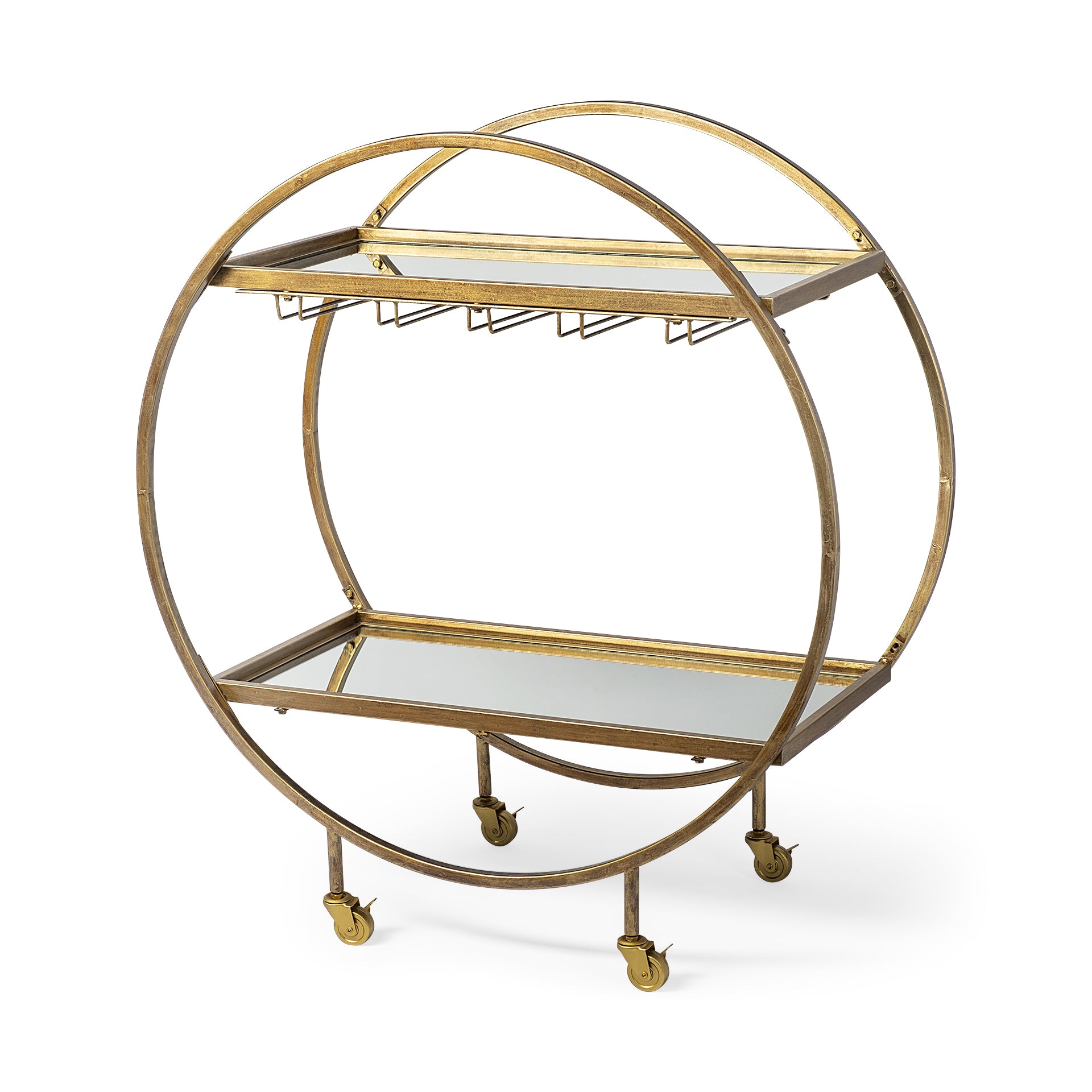 Circular Chasis Antique Gold Metal With Two Mirror Glass Shelves Bar Cart