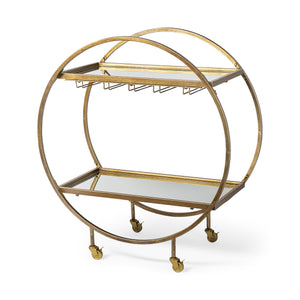 Circular Chasis Antique Gold Metal With Two Mirror Glass Shelves Bar Cart