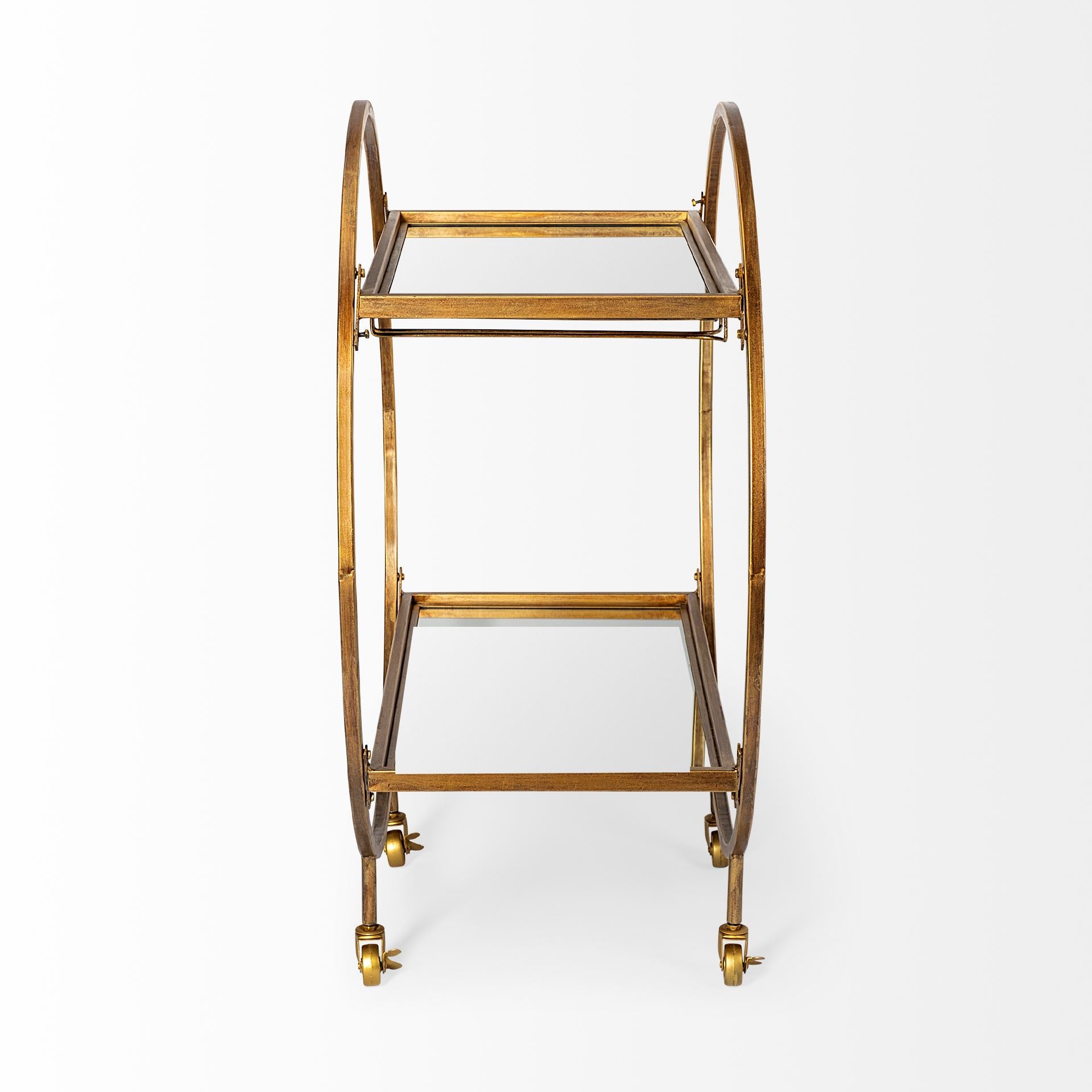 Circular Chasis Antique Gold Metal With Two Mirror Glass Shelves Bar Cart
