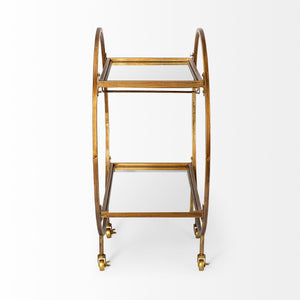 Circular Chasis Antique Gold Metal With Two Mirror Glass Shelves Bar Cart