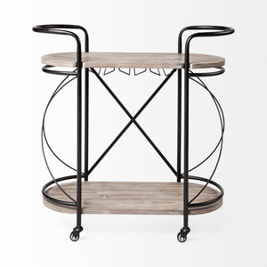 Cyclider Black Metal With Two Wooden Shelves Bar Cart