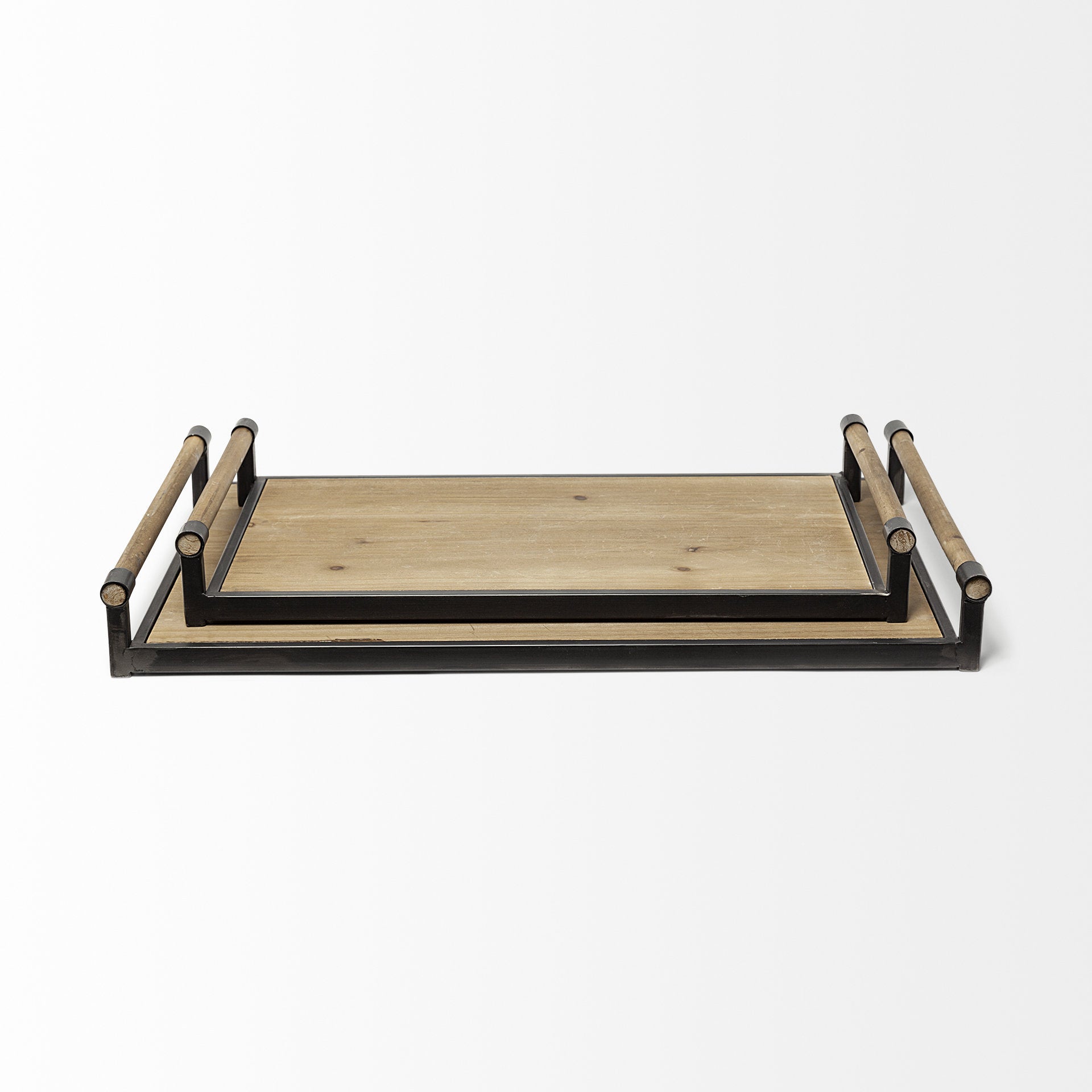 S/2 Light Brown Wood With Matte Black Metal Frame And Two Handles Trays