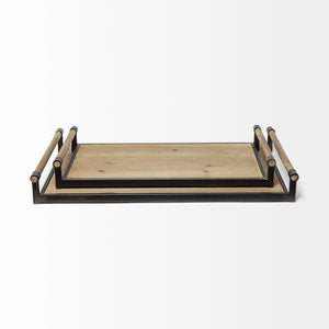 S/2 Light Brown Wood With Matte Black Metal Frame And Two Handles Trays