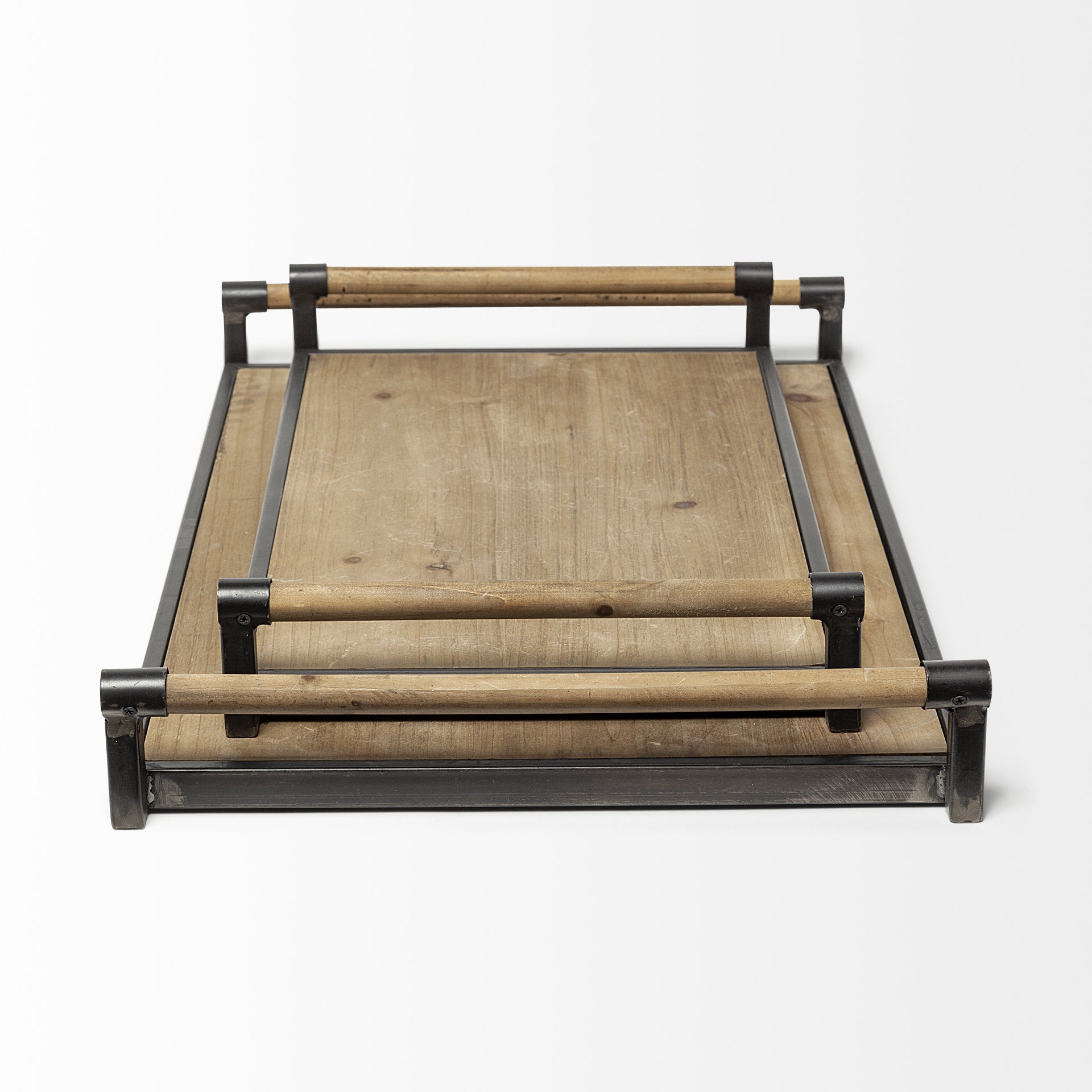 S/2 Light Brown Wood With Matte Black Metal Frame And Two Handles Trays
